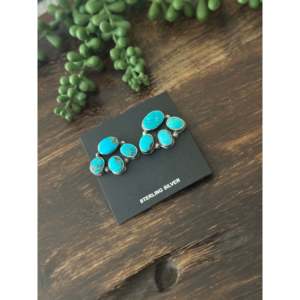 Boucles d'oreilles pendantes en turquoise de Kingman Navajo et argent sterling, bijoux culturels de collection, fabriquées à la main par des artisans - Product Image 4