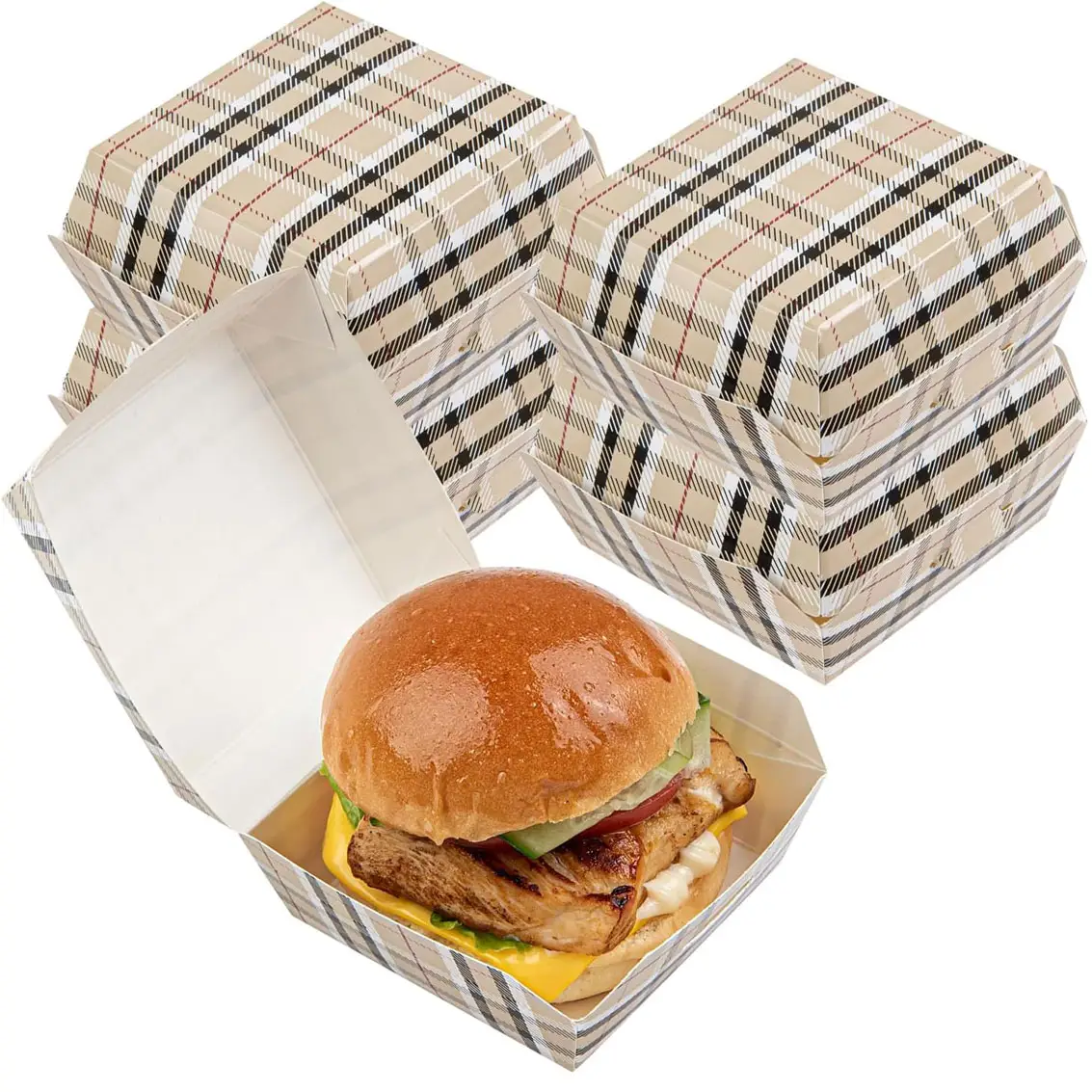 2.8x2.8x2 inç Mini Burger kutuları, gıda kapları-menteşeli kapak, tek kullanımlık, ekose kağıt kutuları çıkar, sürgü servis et