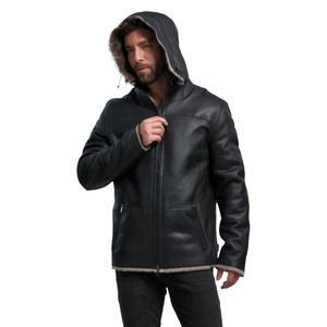 Custom Men Genuine Sheep Skin Winter Jacket Hooded Zip Outerwear Sherpa Lined Warm Eco-Friendly Breathable Casual <b>Coat</b> OEM - Product Image 1