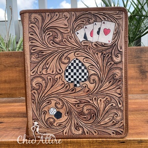 Executive Hand Tooled Leather Checkered Pattern Document Organizer Portfolio File Folder Genuine Leather Card Design Ring Binder - Product Image 1