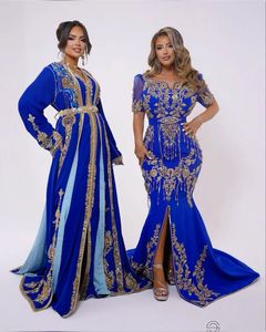 Designer golden Embroidery on Royal blue CAFTAN Dress On Crape <b>Silk</b> <b>Fabric</b> for wedding with Embellished stone, Dabka work=2025 - Product Image 1