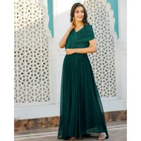 Robe de soirée longue vert forêt en georgette brodée de sequins, style vintage, sans manches, col rond, pour bal et cérémonies