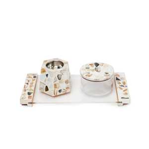 Ensemble de brûleurs Bakhoor en bois de manguier floral blanc fabriqué à la main avec pot de rangement en verre et plateau porte-encens aromatique décoratif - Product Image 2