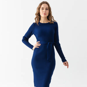 Vestido de cuello redondo de punto para mujer, manga larga, cinturón cálido Flexible, detalle de alta calidad, invierno, nueva moda, personalizable, servicios OEM - Product Image 1