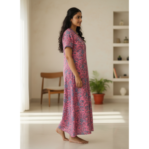 Vestido de Dormir 100% Algodón con Estampado Jaal Hecho a Mano, Camisón Suave Tejido con Diseño Floral y Cierre de Botones, Talla 3XL para Damas de Honor - Product Image 2