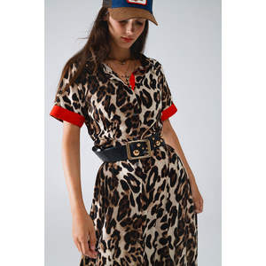 Vestido Casual Maxi con Estampado de Leopardo, Detalles Rojos, Cierre de Botones, Cintura Imperio, Decoración Hueca, Talla XL, para Ocasiones Diurnas, Temporada de Primavera - Product Image 5