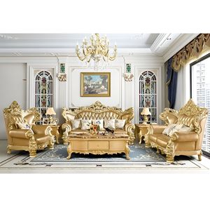 Muebles de Sala de Estar Clásicos de Lujo, Juego de Sofás de Madera de Caoba Tallada a Mano con Mesas en Acabado Dorado - Product Image 1