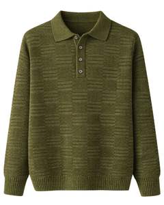 <b>Mens</b> Jacquard Knit <b>Polo</b> Sweater Long Sleeve Button <b>Neck</b> Casual Winter Pullover <b>Top</b> In Olive Green For Wholesale Bulk Supply Sale - Product Image 1