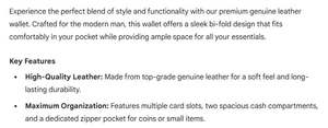 Cartera de Hombre de Cuero Genuino Premium, Diseño Bifold con Bolsillo con Cremallera para Monedas, Múltiples Ranuras para Tarjetas y Compartimentos Dobles para Efectivo - Product Image 6