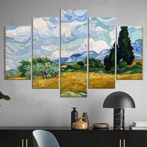Decoración de Pared en Lienzo con Impresión de Campo de Trigo con Cipréses de Van Gogh, Juego de 5 Lienzos Variados - Product Image 1