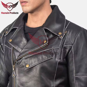 Mens Real Black Leather Jacket Asymmetrical Zip <b>White</b> Stitch <b>Belted</b> Waist Sheepskin Biker <b>Coat</b> Custom Vintage Winter Outerwear - Product Image 6
