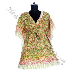 Beach Wear Maxi Floral Print Soft Cotton Hand Block Print Wholesale Loose Indian Short <b>Kaftan</b> Dress 100% Organic Wear Designer - Product Image 2