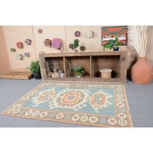 Tapis Kilim Turc Vintage 4.1X5.6 Ft Bleu Orange Patchwork Design Laine Matériau Latex pour Salon Couloir pour Adolescents - Product Image 2