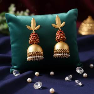 Ethnic Gold Plated Orange Pacchi Jhumka <b>Earrings</b> for Women Indian Handcrafted Jewelry for Wedding and Festive Wear Export - Product Image 5