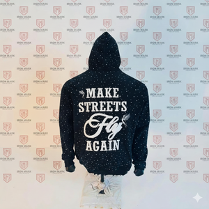 Sudadera con Capucha Personalizada de Estilo Urbano Hip Hop, Lavado Ácido, Bordada con Pedrería, Estampado Desteñido por el Sol, 100% Algodón, Negra, Talla Grande para Hombre - Product Image 2