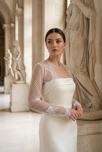 Tissu en dentelle maille diamantée légère et transparente, tissé ivoire, avec broderie florale perlée et nœud illusion, idéal pour mariée, filles et femmes - Product Image 4