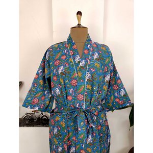 Robe Kimono Bohème en Pur Coton, Style Indien, Imprimé Floral de Luxe de Jaipur, Robe Indienne Bleue et Rouge pour la Plage - Product Image 4
