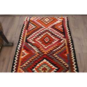 Vintage Turkish <b>Runner</b> Rug 3x12.7 ft Kilim <b>Red</b> Wool Patchwork Rug with Latex Backing Eco-Friendly - Product Image 4
