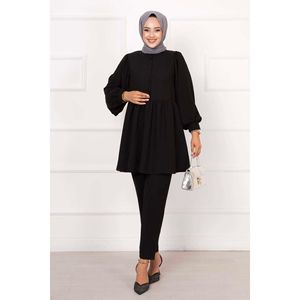 Costume Hijab 2 Pièces Détaillé Demi-Bouton Coupe Décontractée Noir - Product Image 1