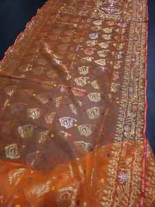 Tendance Orange Deshi Dhakai Jamdani Orange Sharee Qualité d'exportation pour les femmes JAMDANI TISSU Bleu ROUGE VERT Doré du Bangladesh - Product Image 6