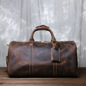 Sac de voyage pliable en cuir véritable, léger, grande capacité, avec fermeture à glissière, pour les voyages - Marron durable - Product Image 3