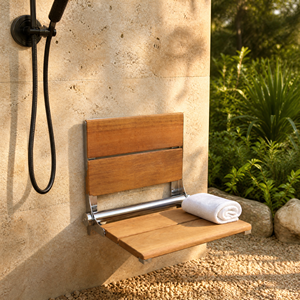 Banc pliant mural en teck avec support en acier inoxydable, design minimaliste extérieur, finition polie, 1 niveau, forme rectangulaire - Product Image 3