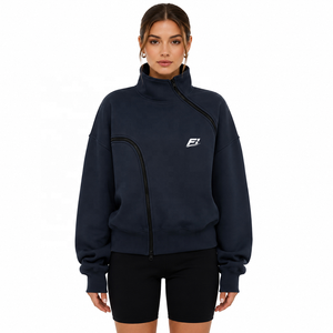 Sudadera con cremallera asimétrica personalizada para mujer, cuello alto, manga larga, ajuste relajado, estilo casual, tejido acanalado, moda urbana - Product Image 1