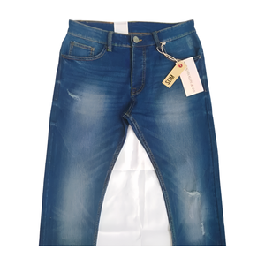 Jean en sergé léger de 12 oz pour homme 98% coton 2% Spandex teint uni motif droit taille moyenne délavé léger style décontracté - Product Image 1