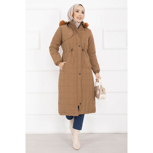 Manteau à capuche en fourrure Nova avec cordon de serrage à la taille, coupe-vent pour l'hiver - Couleur beige - Product Image 4