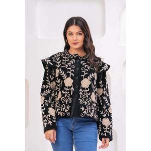 Black White Floral <b>Quilted</b> Woven Full Sleeve Ruffled Collar Ladies Reversible Outerwear Blazer <b>Pattern</b> Bomber Varsity Style - Product Image 3