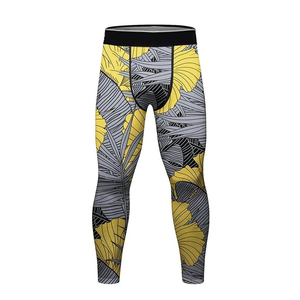 OEM ODM Sportswear Men's <b>Compression</b> Leggings Yellow Gray Leaf Print Quick Dry Seamless Sport Pants - Product Image 4