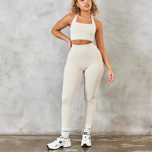 ชุดฟิตเนส2ชิ้นสำหรับผู้หญิงชุดฟิตเนสยิมชุดครอปแขนยาวชุดครอปและเลกกิ้งผ้ายืดหยุ่นสูง - Product Image 2