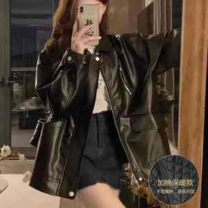 Veste en cuir PU noir vintage pour femmes manteau d'hiver de haute qualité avec toile automne mode chaud coupe ample - Product Image 6