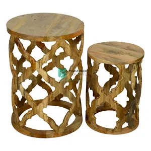 Best Selling Wooden Hand Carved Natural Wood End Table / Side Table Set of 2 Pcs Unique Designed Furniture for Modern Home