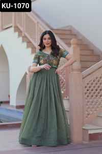 Most Beautiful Indian Ethnic Wear <b>Silver</b> Crunchy Fabric anarkali Fancy Gowns with Embroidery Work Fancy Round Neck Indian Gowns - Product Image 4