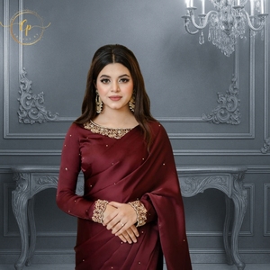 Tendances 2025 Cp présente un sari en soie vintage de couleur marron foncé, fait à la main, Anarkali, longueur au sol, pour les fêtes, les mariages, les remises de diplômes - Product Image 2