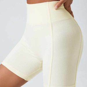 Pantalones cortos de yoga acanalados transpirables sin costuras de cintura alta para mujer, venta al por mayor, pantalones cortos deportivos para correr de Color sólido para mujer - Product Image 4