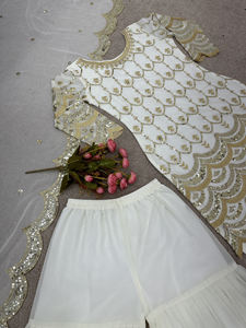 Vestido DE BODA indio y pakistaní, vestido étnico moderno de diseñador de tela Georgette de imitación pesada, traje Sharara, Palazzo Dupatta para adultos - Product Image 3