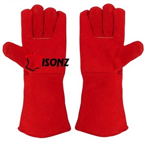 Guantes de Soldadura de Cuero de Vaca Rojo con Forro, Resistentes a Cortes, Impactos y Fuego, Guantes para Asar, 16 Pulgadas (40 cm) - Product Image 1