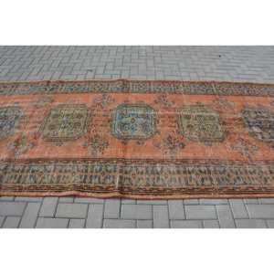 Tapis Turc Vintage 4.8x 11.8ft Orange Bleu Patchwork Design Laine Matériau Latex Style-Tabriz pour Entrée Rectangle Abstrait - Product Image 3