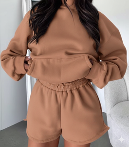 Ensemble de survêtement décontracté pour femme, style urbain, avec sweat à capuche uni et short, coupe ample, écologique, doux, mode quotidienne - Product Image 6