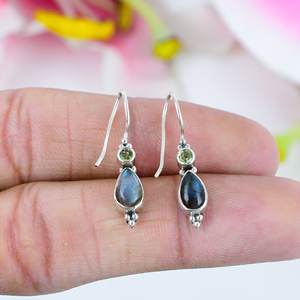 Pendientes de Plata de Ley con Labradorita y Topacio Azul, Piedras Preciosas Naturales en Forma de Pera y Redondas, Joyería Elegante para Mujer - Product Image 2