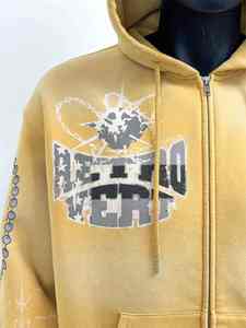 Sudadera con Capucha Personalizada para Hombre, de Algodón Grueso, Estilo Vintage Desgastado, Lavado Ácido, con Cierre y Estampado Gráfico - Product Image 6