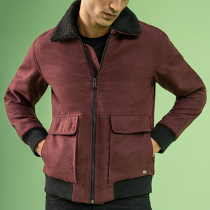 Wholesale 100% Woolen Full Sleeve Maroon <b>Jacket</b> Customizable with Embroidered Winter Design Stand Button Collar Logo on Front - Product Image 1