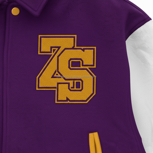 Veste universitaire en mélange de laine de qualité supérieure polaire douce intérieure manches blanches corps violet Chenille Logo broderie veste universitaire pour hommes - Product Image 6