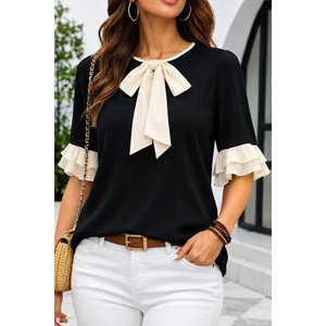 Blusa de Chifón Crepé con Mangas Cortas, Cuello Redondo, Detalle de Lazo y Volantes para Mujer, 34789 - Negro - Product Image 1