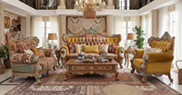 Rustikales amerikanisches Vintage-Holzsofa-Set mit getuftetem Stoff polster, klassische Wohnzimmer möbel für Landhaus