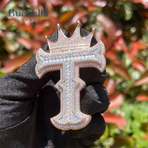 925 Plata 14K chapado en oro blanco Iced Out Baguette corte dos letras iniciales de la letra colgante con corona Hip Hop Moissanite joyería para hombres - Product Image 3