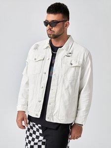 Veste en cuir à col montant en toile enduite de haute qualité, décontractée, à manches longues, grande taille, avec logo sur le devant, vintage, blanche pour homme - Product Image 2