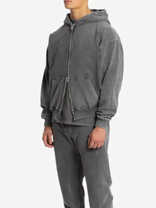 Sweats à capuche brodés surdimensionnés délavés à l'acide Blank Distressed Applique Boxy Fit Full Zip Up Hoodie - Product Image 5